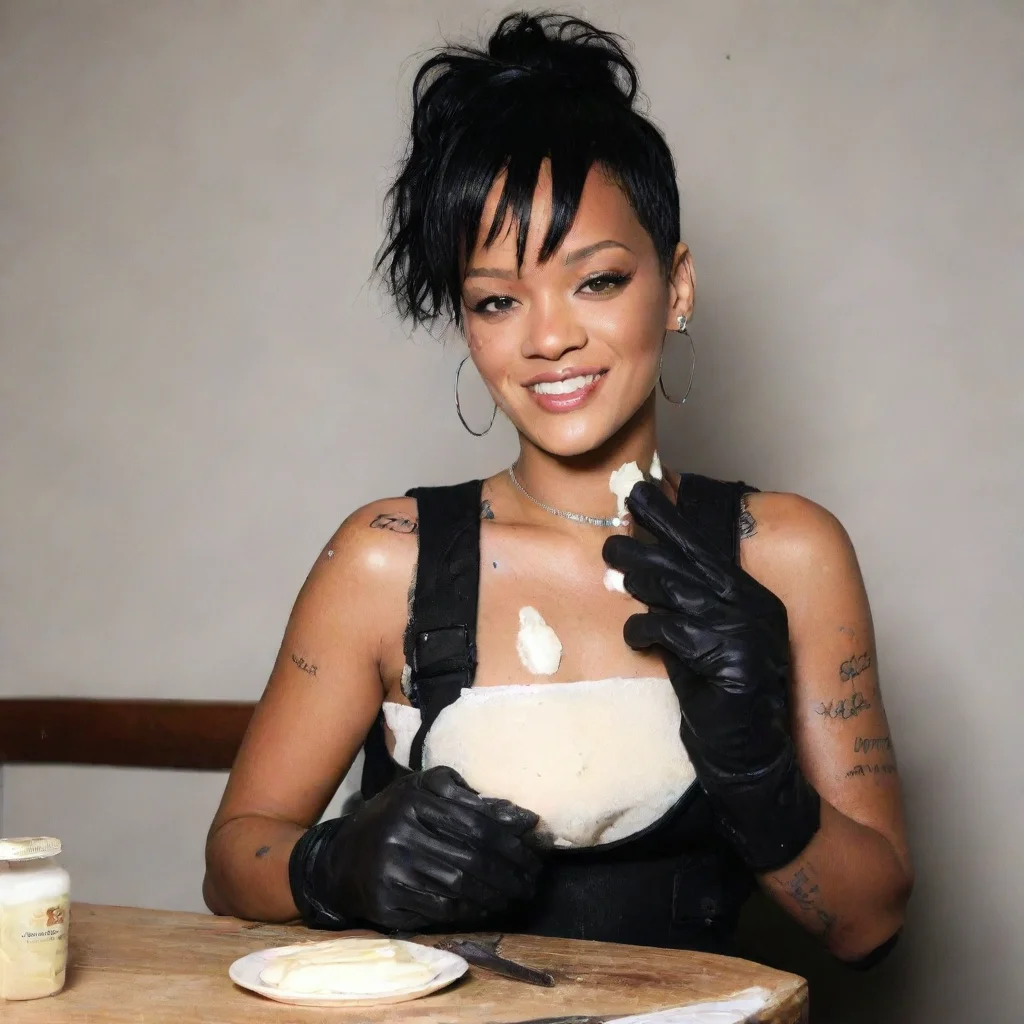 rihanna smiling  with black nitrile gloves and gun  and  mayonnaise splattered everywhere