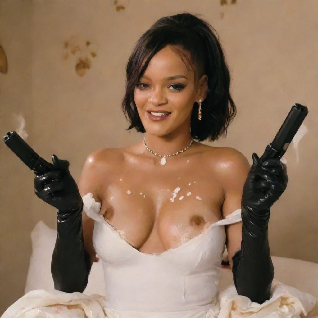 rihanna wild thoughts smiling  with black comfy nitrile gloves and gun  and  mayonnaise splattered everywhere