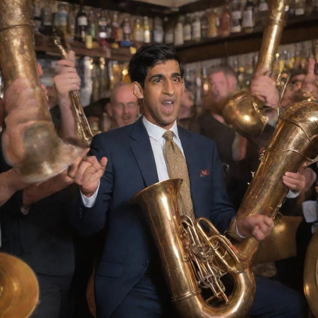 airishi sunak playing a tuba surrounded by pints of ale