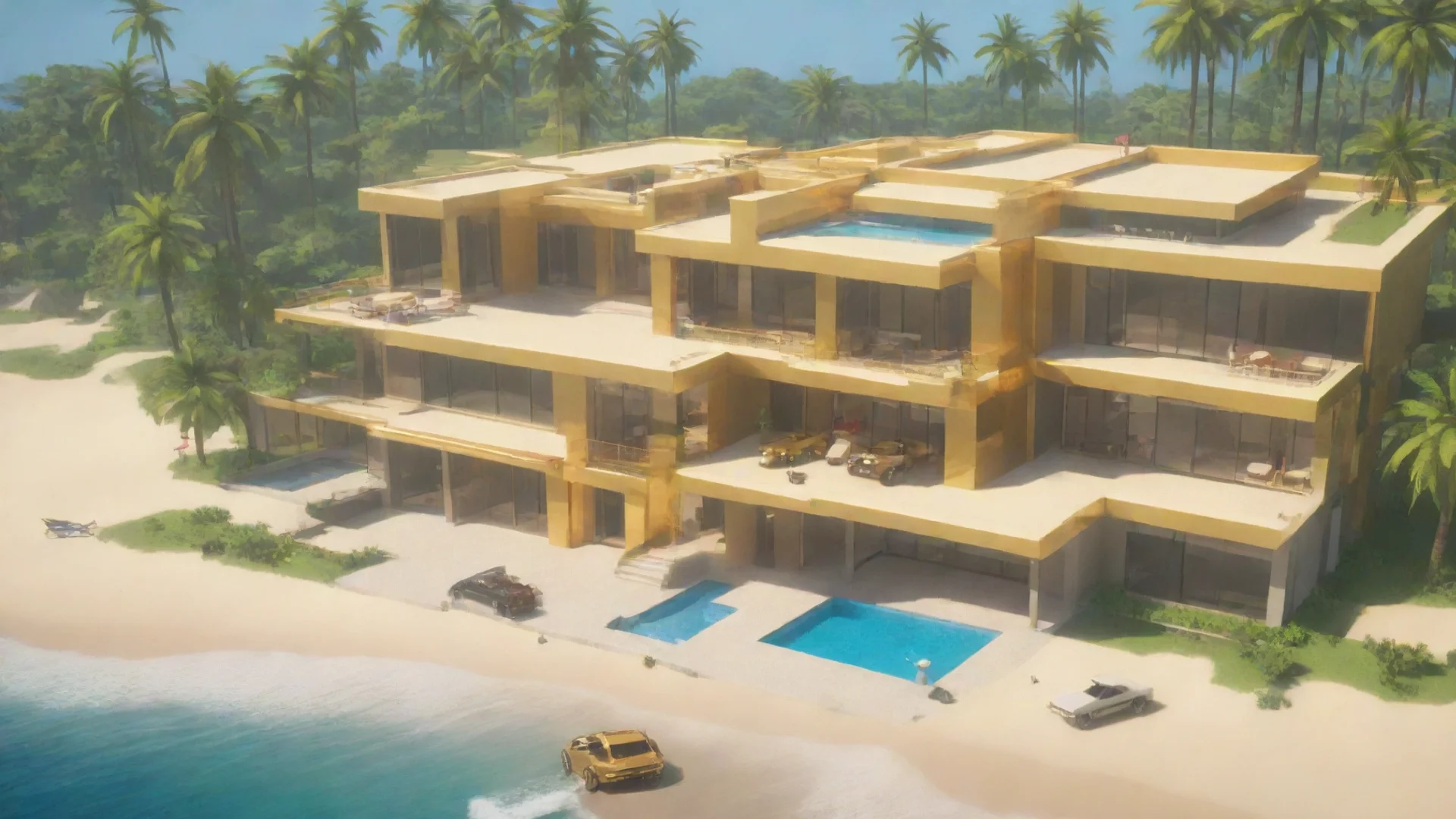 airoblox modern mansion on beach with gold car in center and helicopter wide