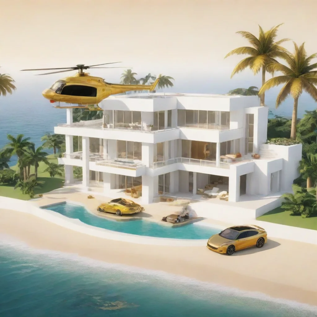 airoblox white modern mansion%2C beach background%2C gold car%2C helicopter