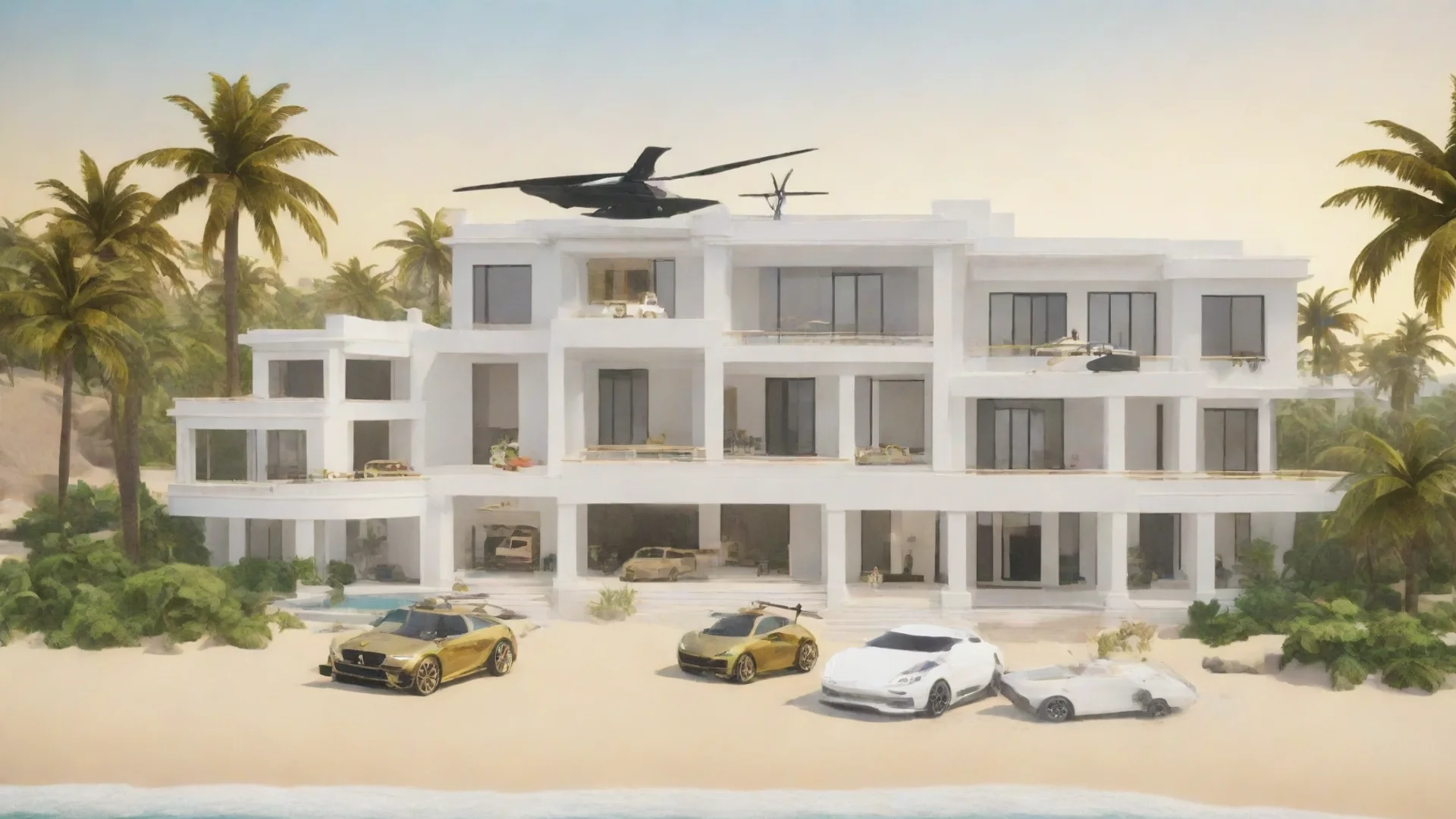 airoblox white modern mansion in a beach background with gold car in center and black helicopter wide