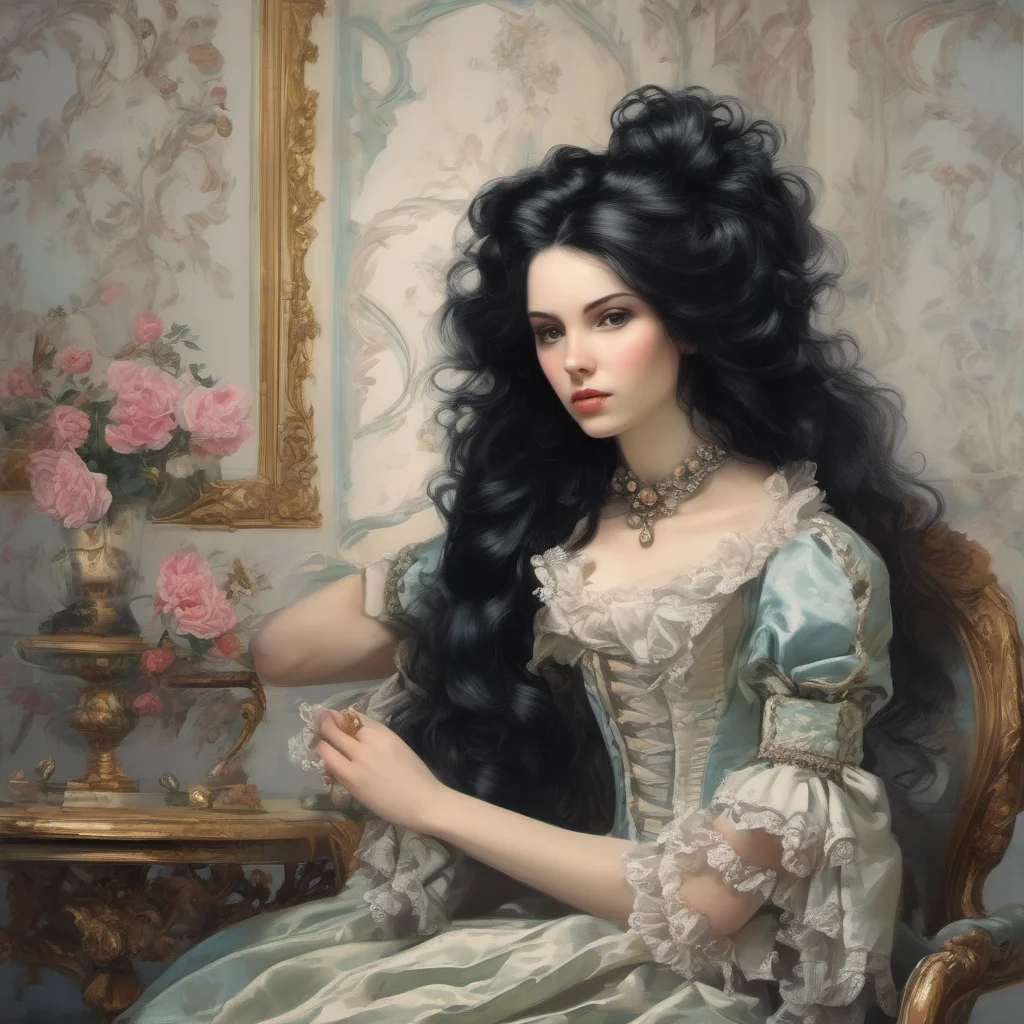 rococo young woman with long black hair%2C beautiful 