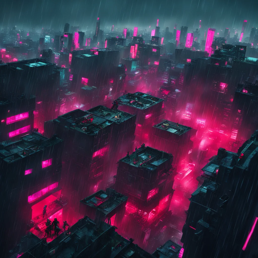 airooftop in a cyberpunk city%2C seen from a high rise apartment window.  there are multiple people on the rooftop engaged in a firefight.  it is night and raining red. amazing awesome portrait 2