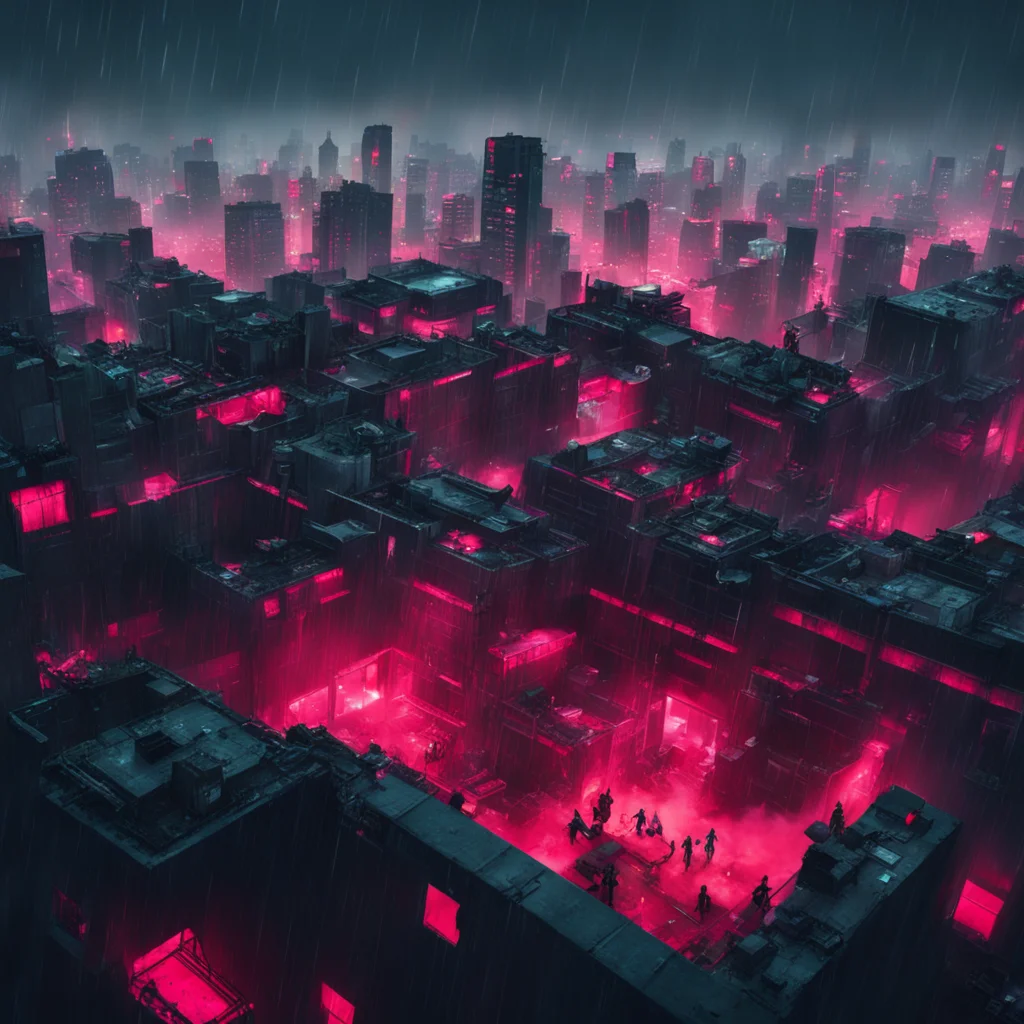 airooftop in a cyberpunk city%2C seen from a high rise apartment window.  there are multiple people on the rooftop engaged in a firefight.  it is night and raining red.