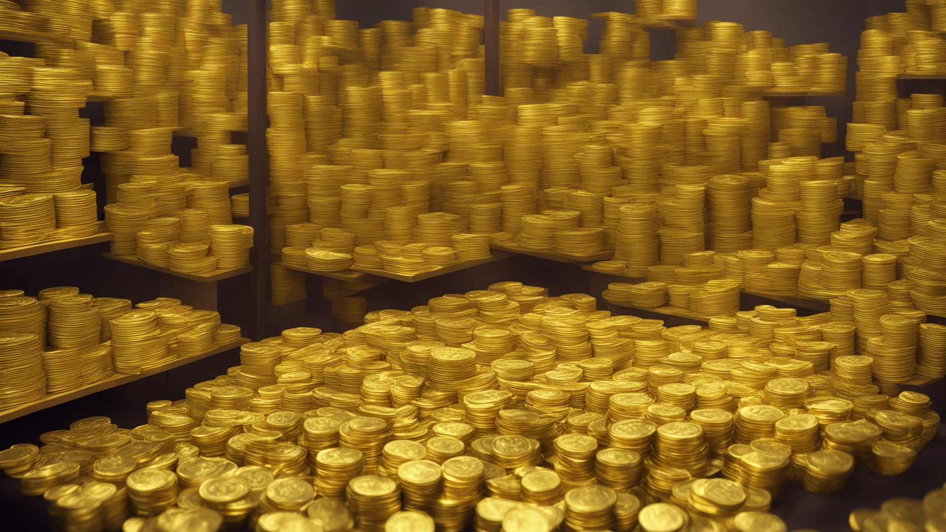 airoom full of gold bars and coins wide