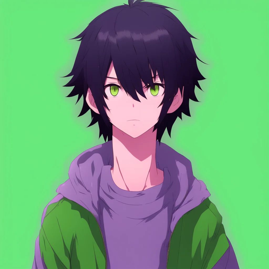 rough looking boy anime black hair grey clothes  green solid background