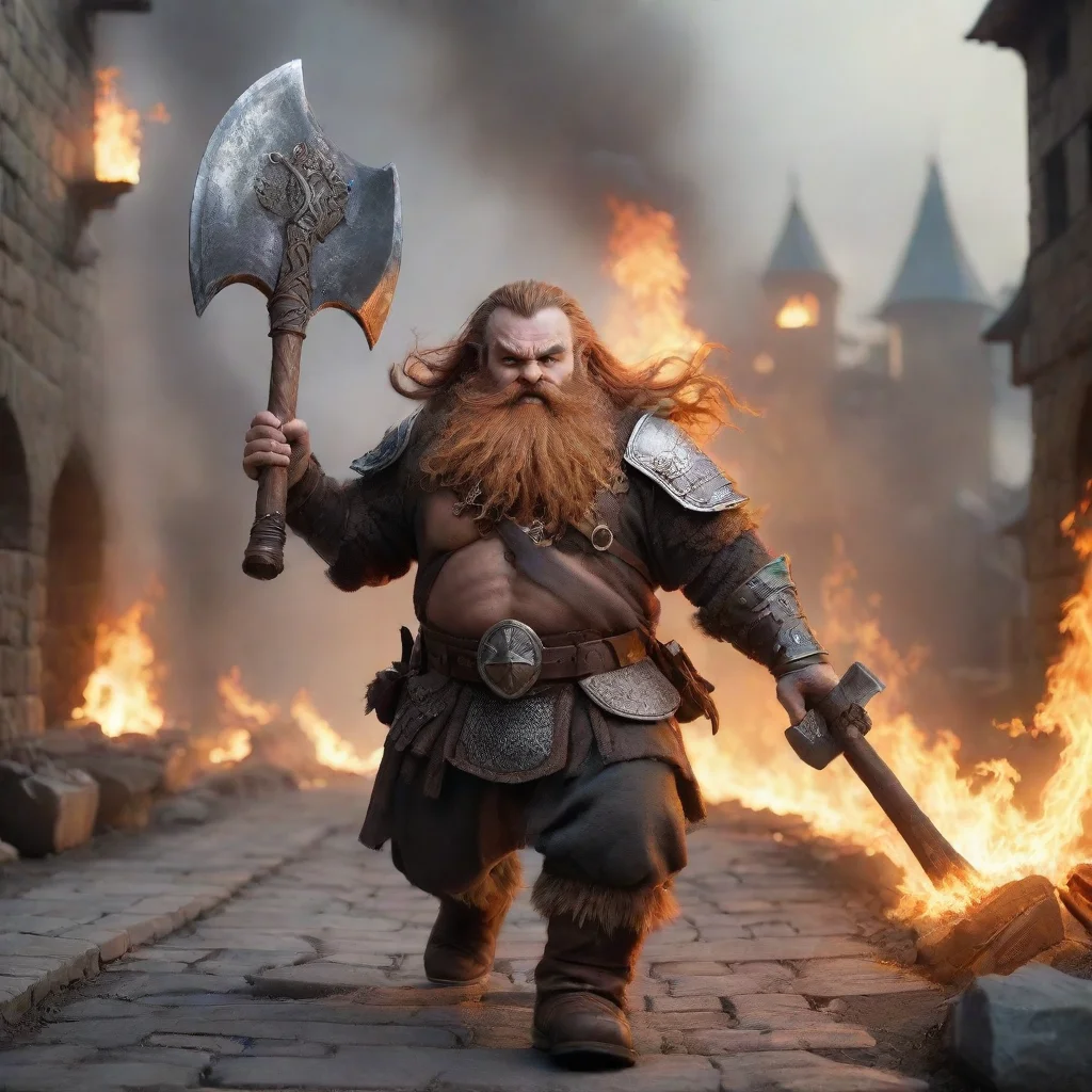 airunning dwarf with plate mail and long beard%2C with a big battle axe. flaming city on background. image from behind