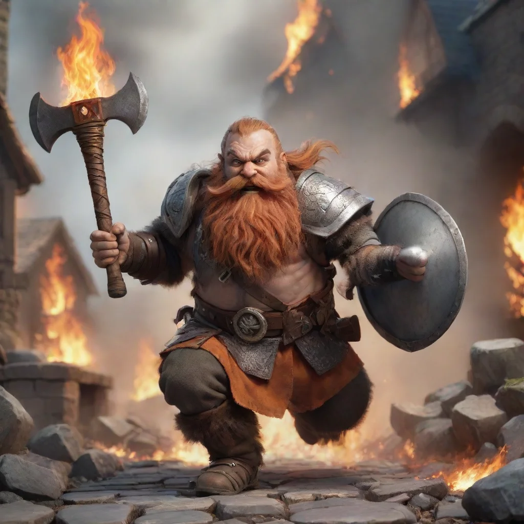 airunning dwarf with plate mail and long beard%2C with a big battle axe. flaming city on background