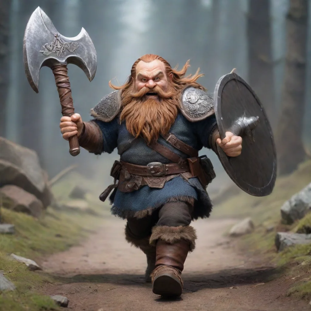 airunning dwarf with plate mail and long beard%2C with a big battle axe. image from behind