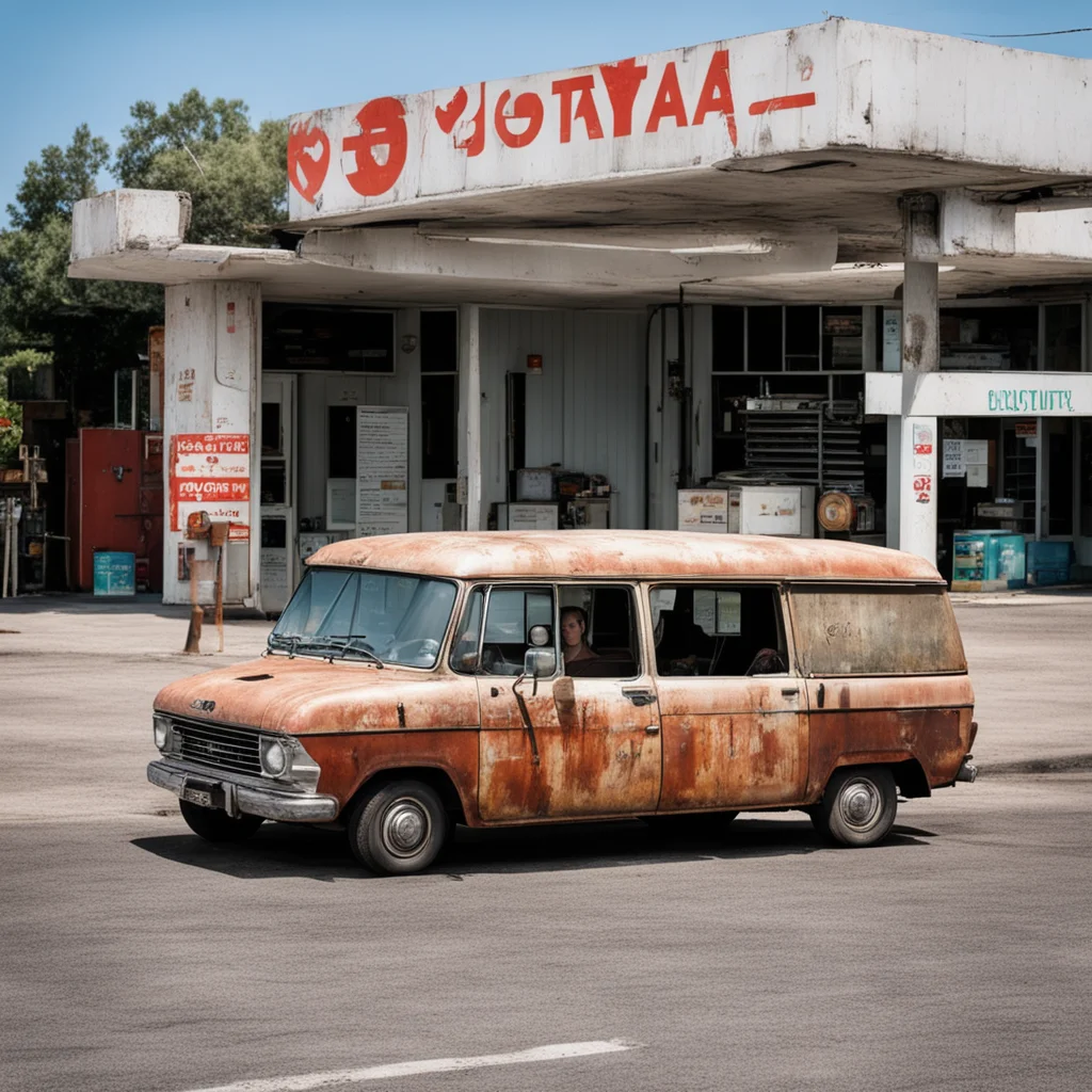 airusty old toyota van at a lonely gas station with one girl amazing awesome portrait 2