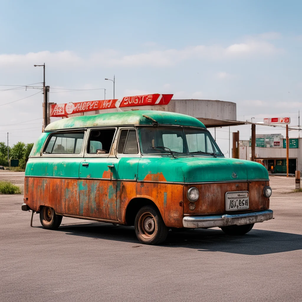 airusty old toyota van at a lonely gas station with one girl