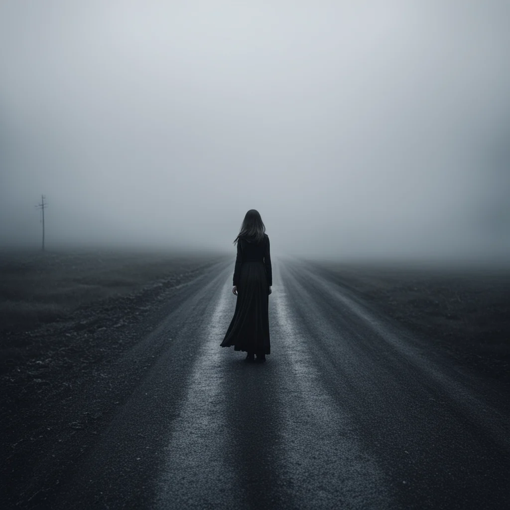aisad and lonely christmas girl%2C standing at a dark long and winding road through a foggy uncanny empty land amazing awesome portrait 2