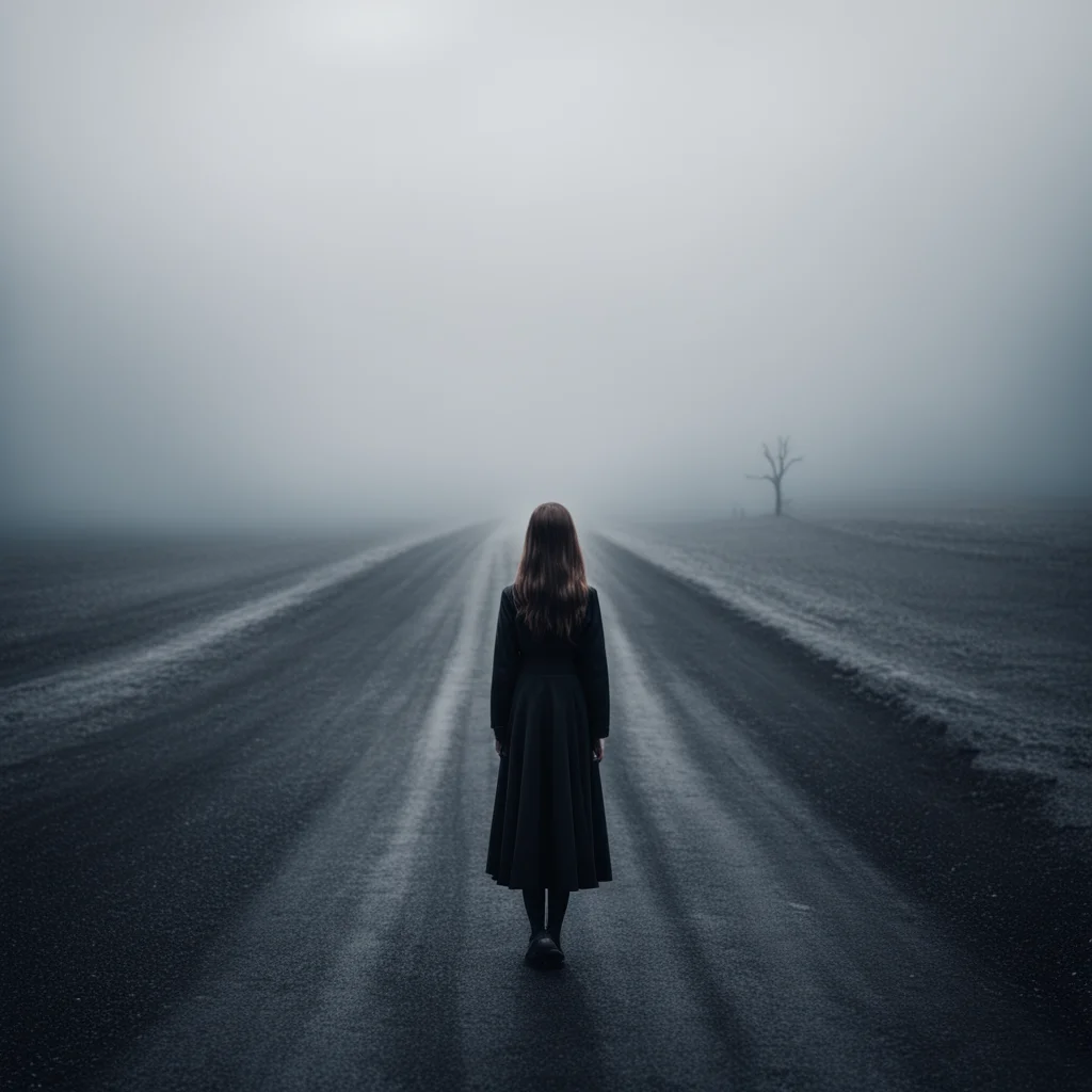 aisad and lonely christmas girl%2C standing at a dark long and winding road through a foggy uncanny empty land confident engaging wow artstation art 3