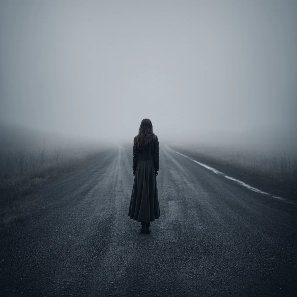 aisad and lonely christmas girl%2C standing at a dark long and winding road through a foggy uncanny empty land