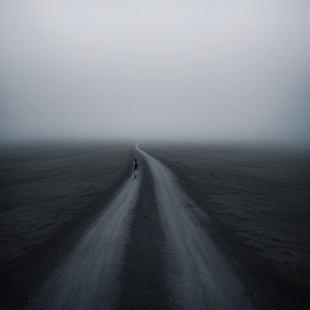 aisad and lonely girl%2C standing at a dark long and winding road through a foggy uncanny empty land amazing awesome portrait 2