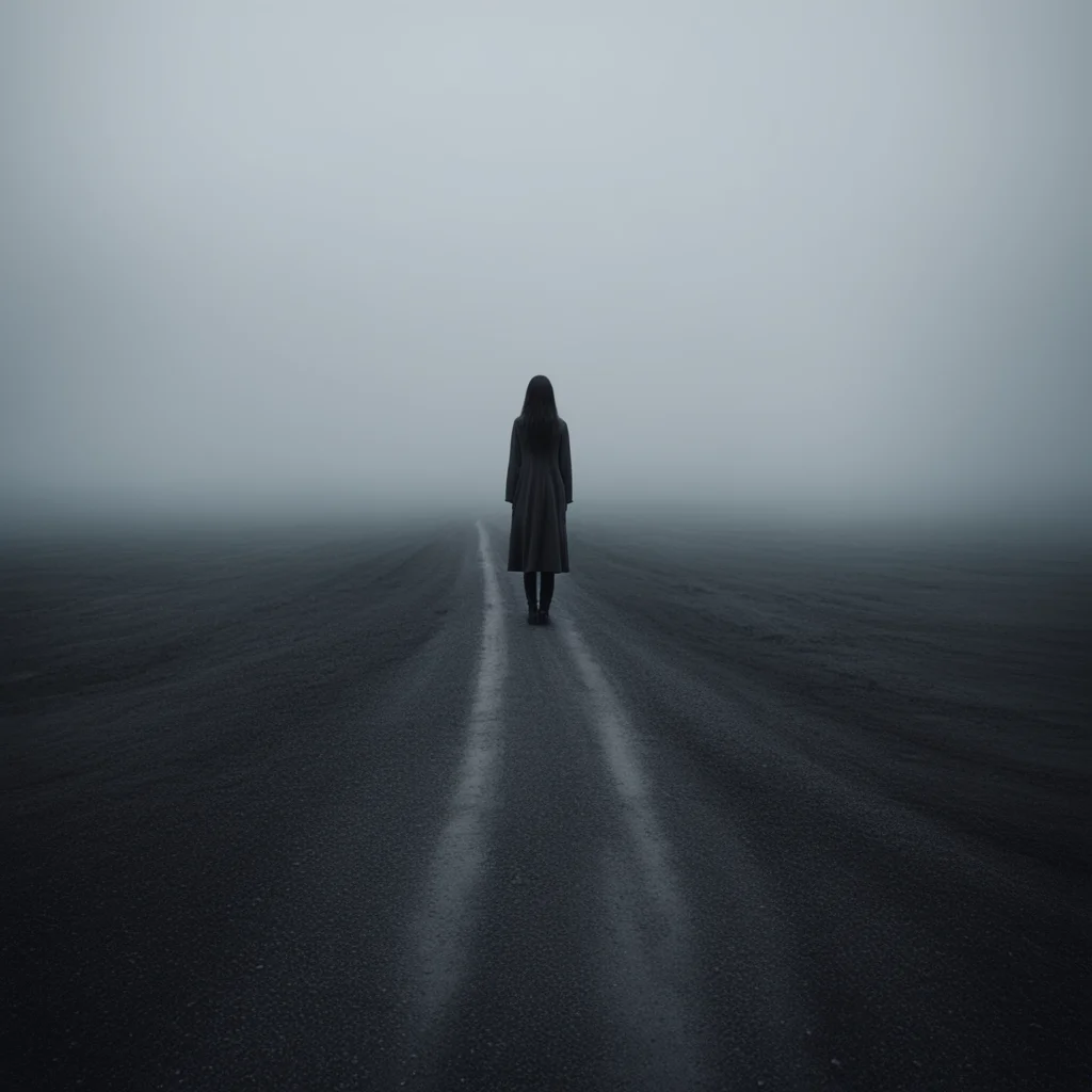 aisad and lonely girl%2C standing at a dark long and winding road through a foggy uncanny empty land confident engaging wow artstation art 3