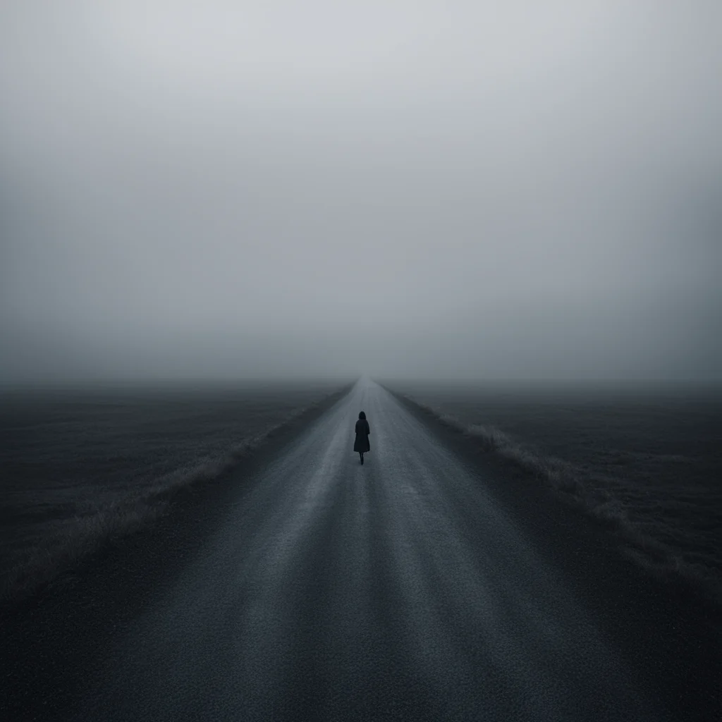 aisad and lonely girl%2C standing at a dark long and winding road through a foggy uncanny empty land