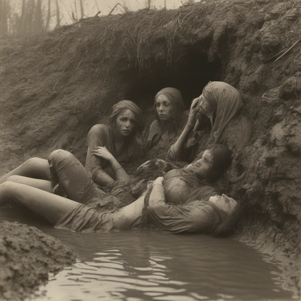 sad french girls bathing in a muddy ditch surrounded by rotting dead bodies