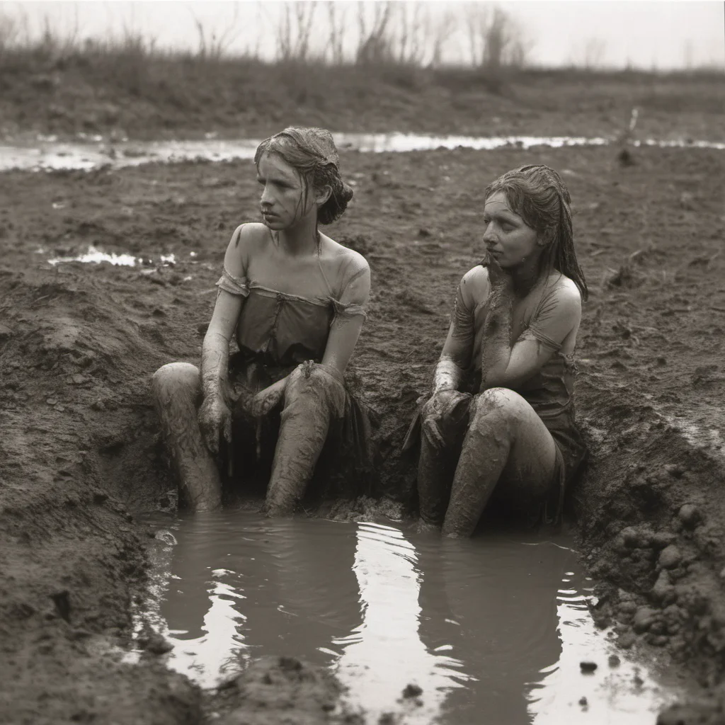 sad french girls bathing in a muddy ditch