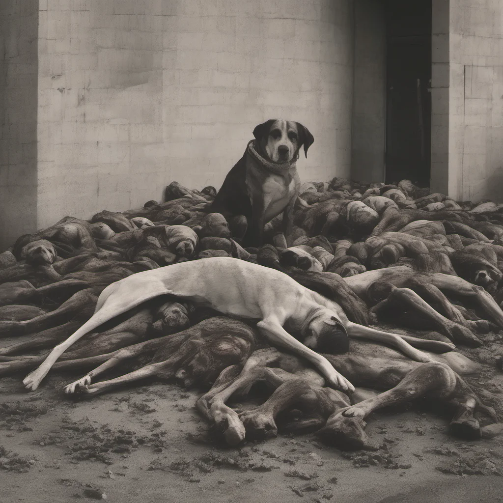 sad image of a pile of death bodies and a sad dog