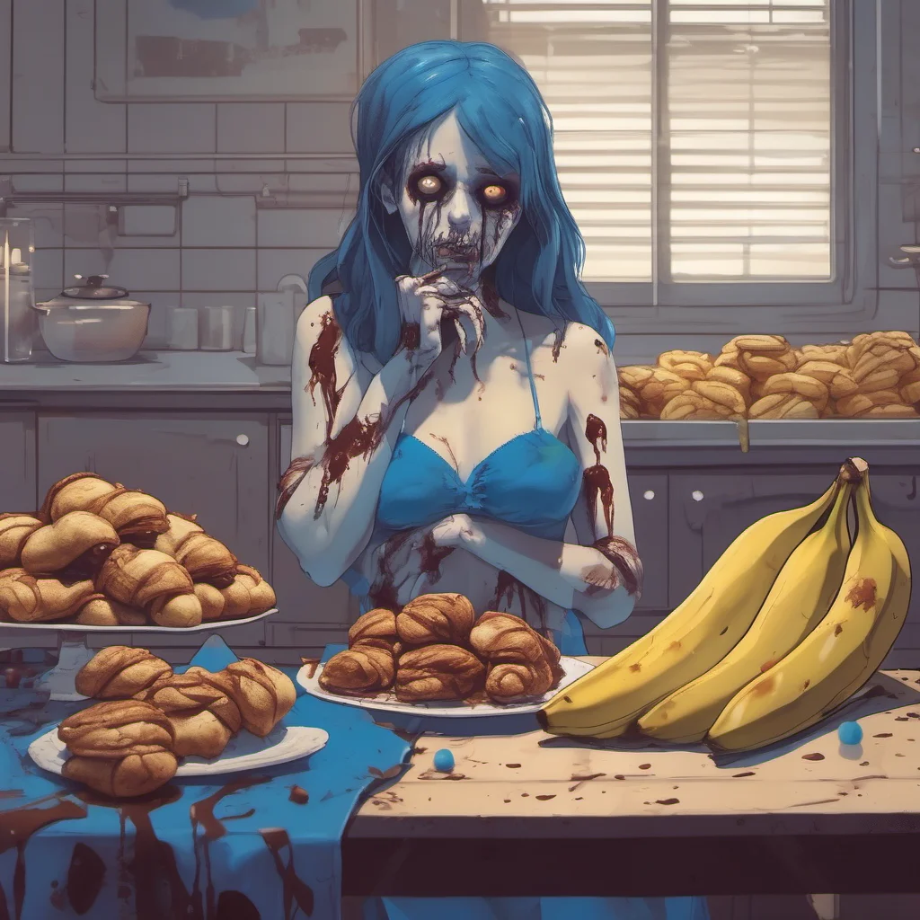 aisad lonely zombie girl in blue lingerie%2C standing behind a table full of croissants and bananes in chocolate sauce   cinematic film amazing awesome portrait 2
