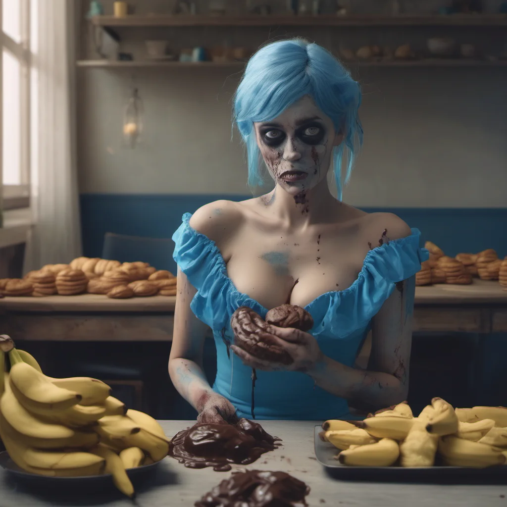 aisad lonely zombie girl in blue lingerie%2C standing behind a table full of croissants and bananes in chocolate sauce   cinematic film good looking trending fantastic 1