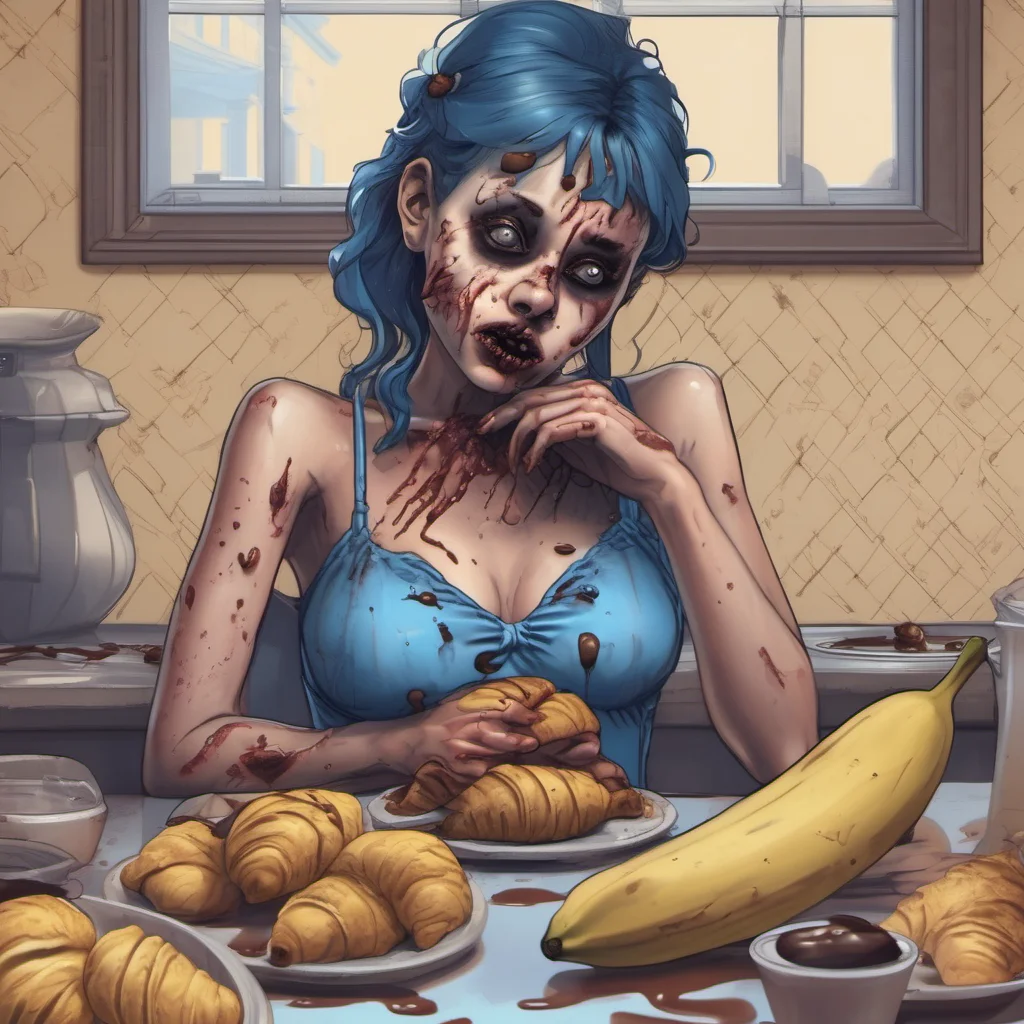 aisad lonely zombie girl in blue lingerie%2C standing behind a table full of croissants and bananes in chocolate sauce   cinematic film