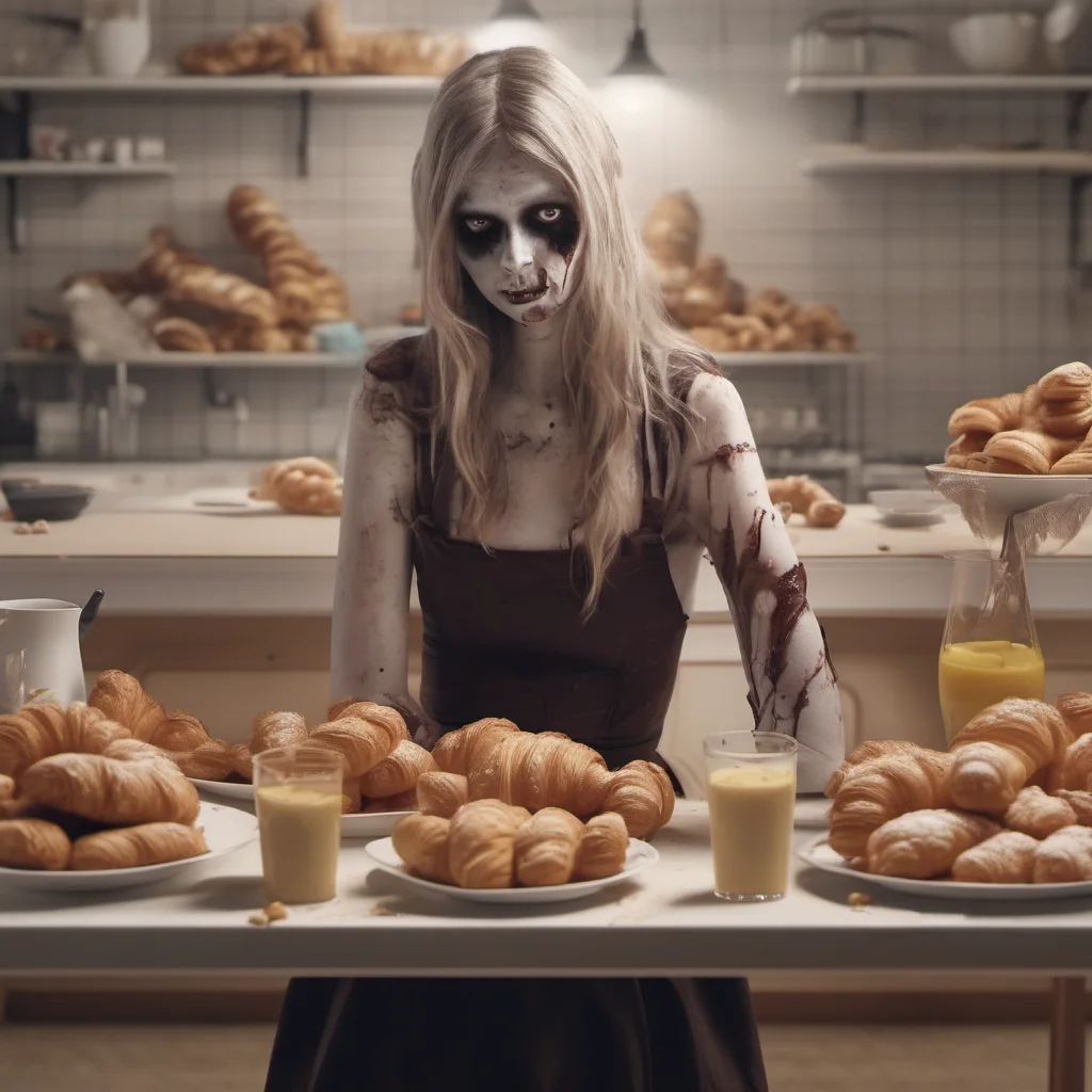 sad lonely zombie girl standing behind a table full of croissants and bananes in chocolate sauce   cinematic film