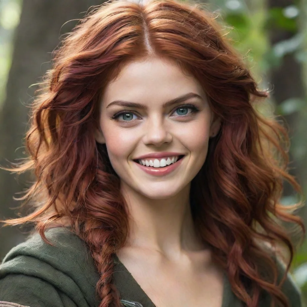 samara weaving as a druid rogue dnd short red hair beautiful petite symmetrical face grinning mischiev