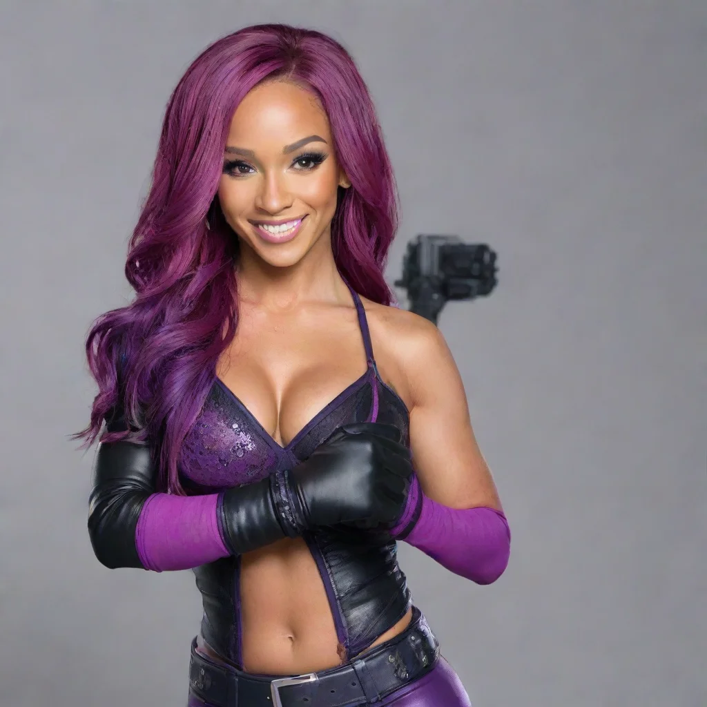 aisasha banks  smiling with black gloves and gun