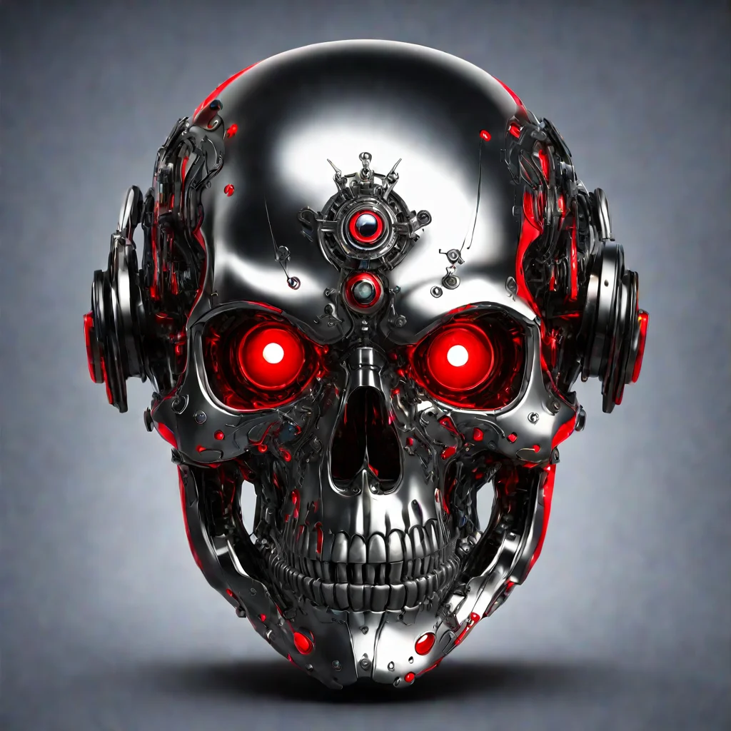 scary nightmare evil robot beast chrome skull with four glowing red eyes amazing awesome portrait 2