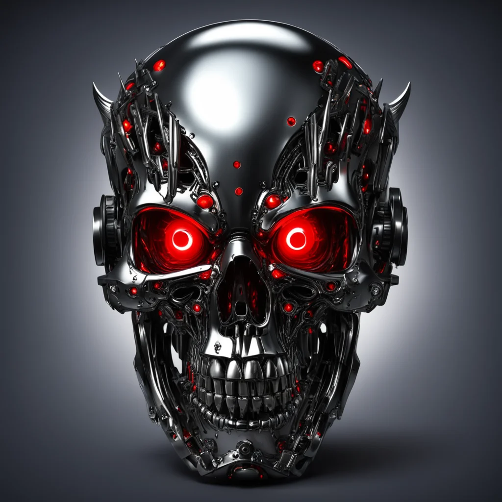 scary nightmare evil robot beast chrome skull with four glowing red eyes
