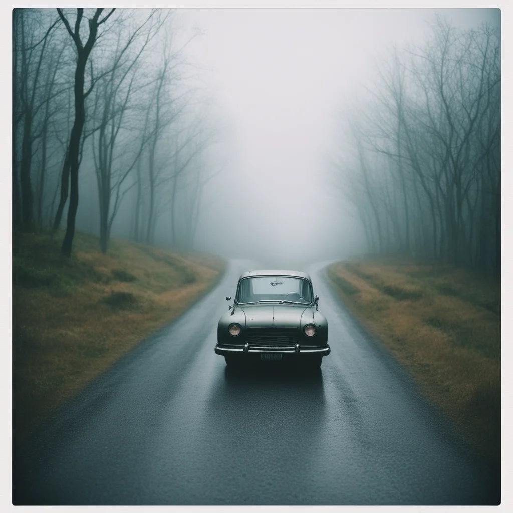 aiscary old diry car%2C  long winding road%2C uncanny. foggy rainy evening   instax amazing awesome portrait 2