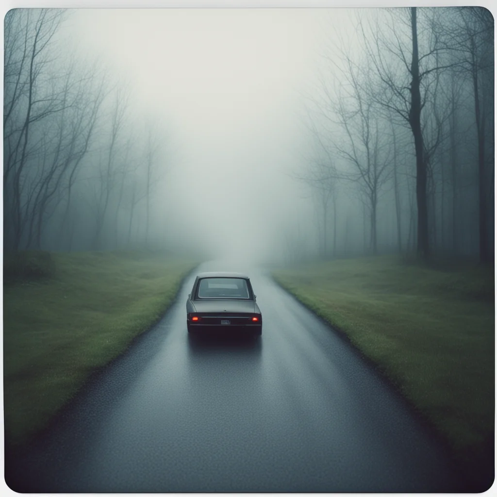 aiscary old diry car%2C  long winding road%2C uncanny. foggy rainy evening   instax good looking trending fantastic 1