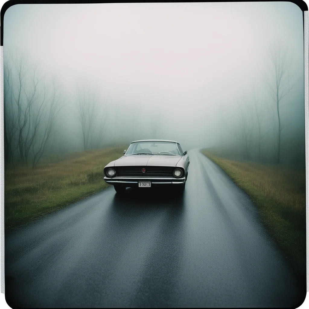 aiscary old diry car%2C  long winding road%2C uncanny. foggy rainy evening   instax