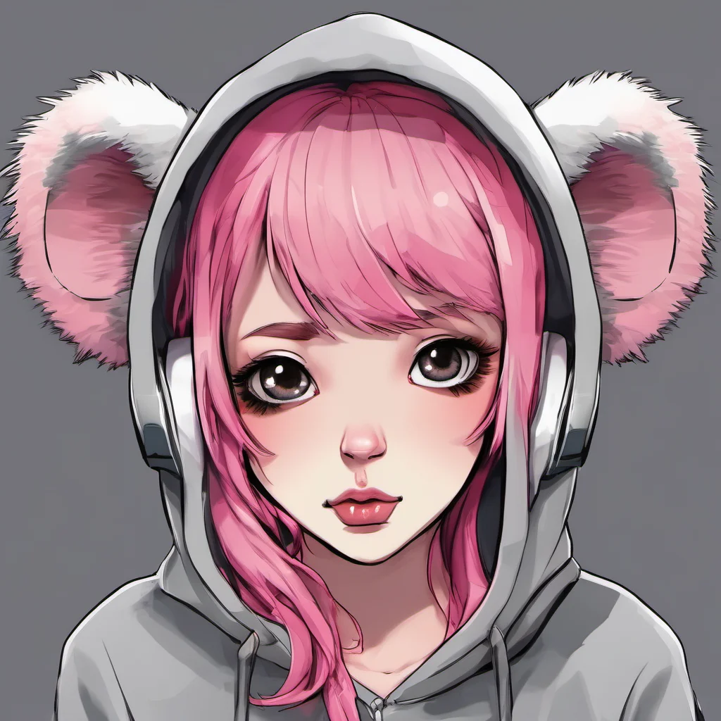 seductive  pink haired girl koala ears grey hoodie
