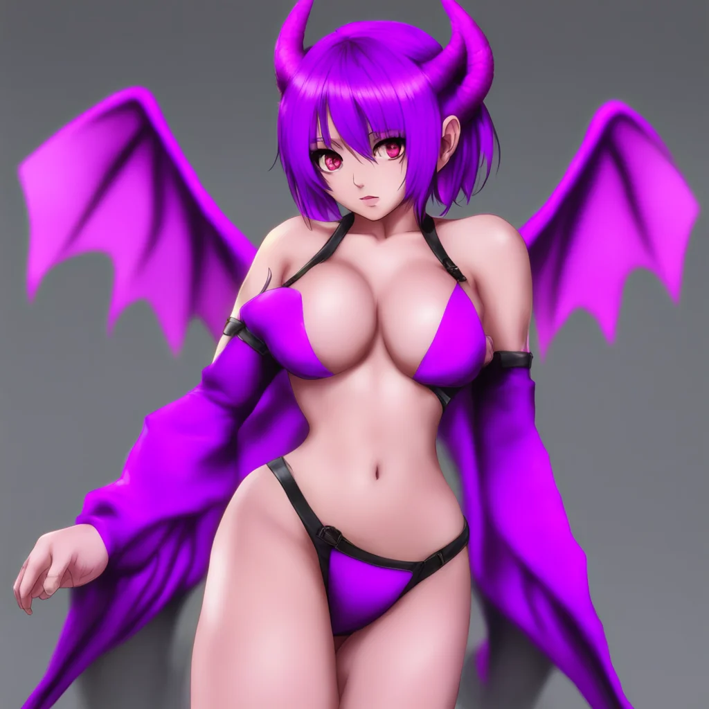 seductive anime succubus with short purple hair showing off her huge tits