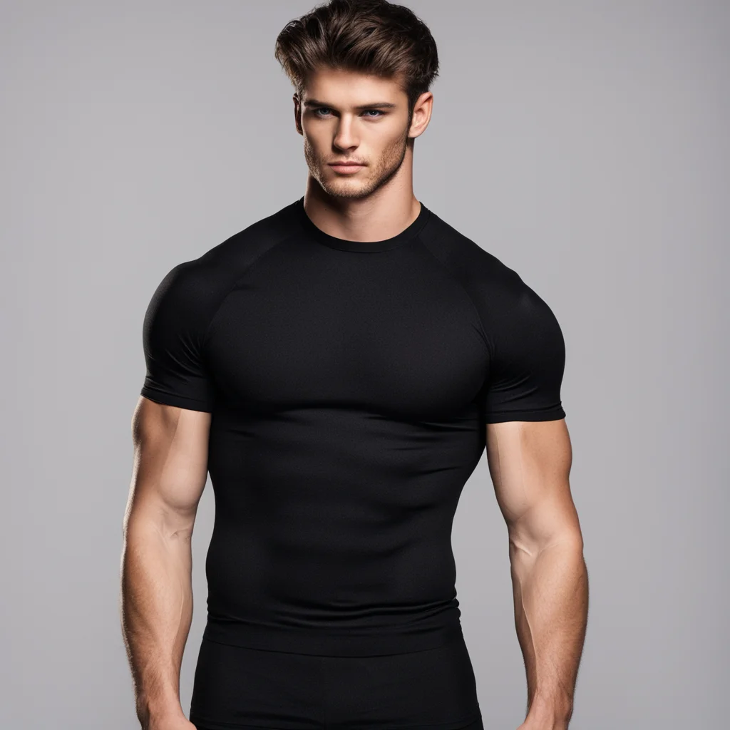 aiseductive muscular 20 year old man wearing a tight black compression shirt