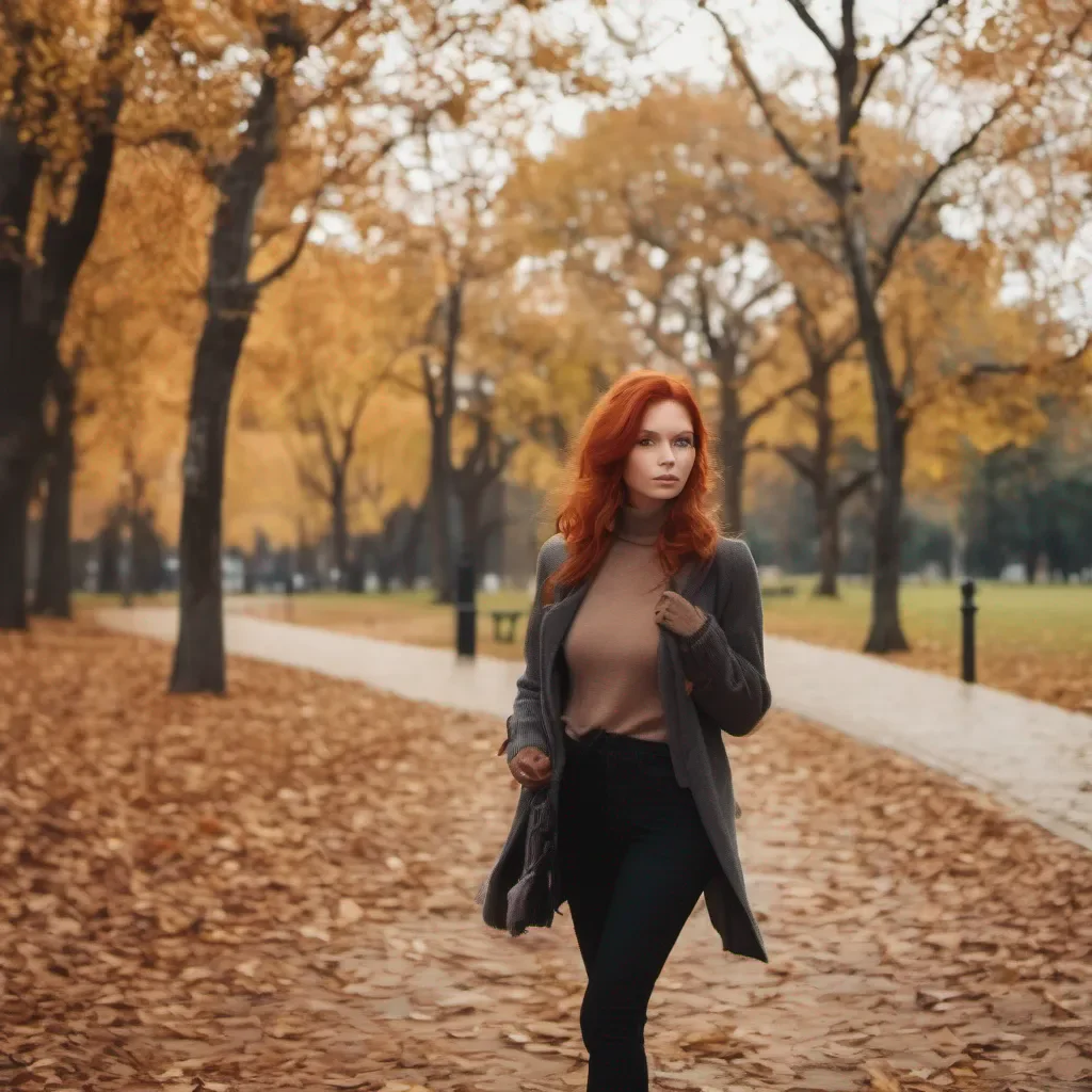aiseductive redhead walking through park in autumn confident engaging wow artstation art 3