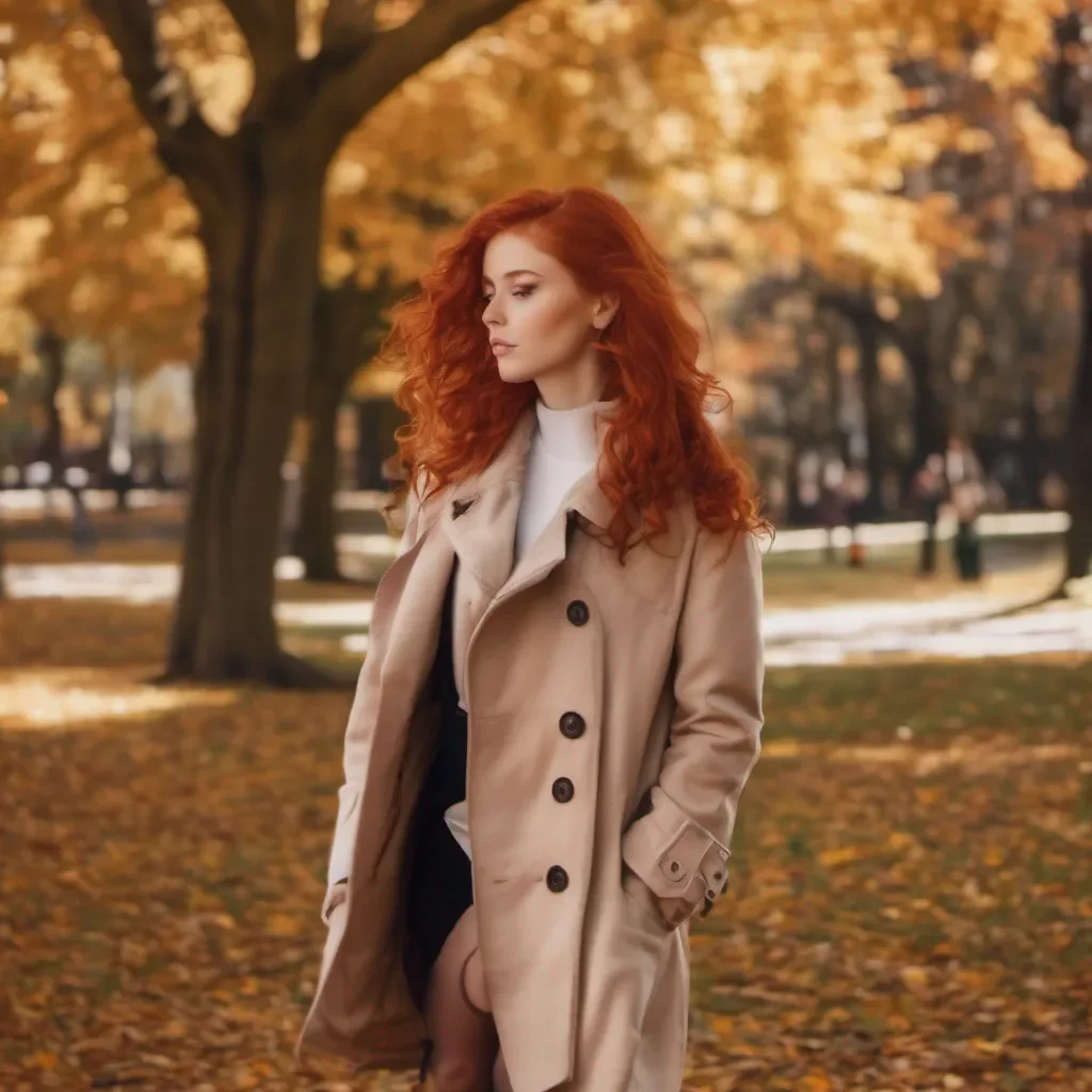 aiseductive redhead walking through park in autumn