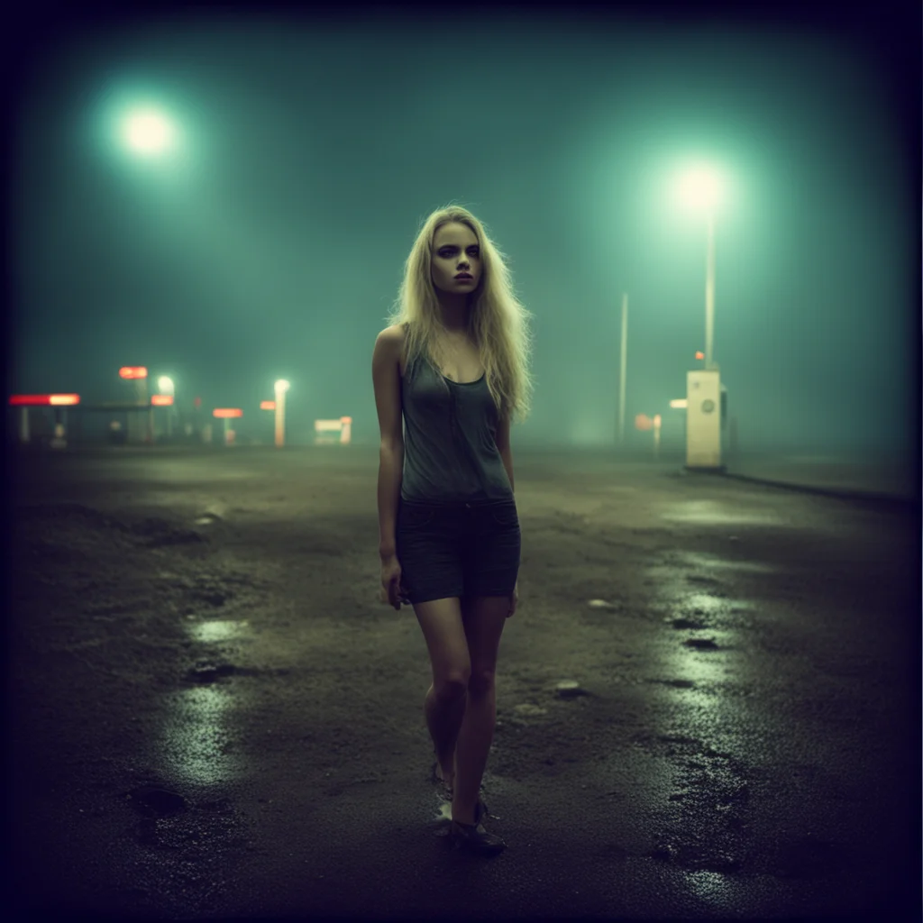 sensual blonde  girl  foggy muddy  mysterious deep sea gas station uncanny night hipstamatic style