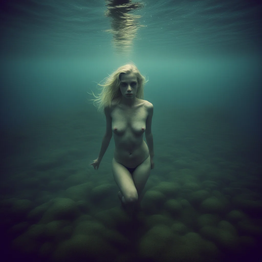 sensual blonde  girl swimming foggy muddy  mysterious deep sea  uncanny night hipstamatic style