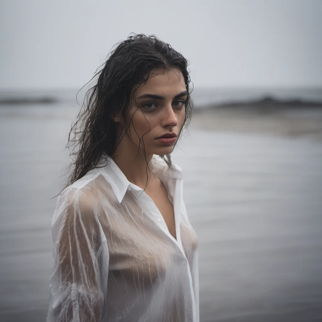 aisensual portrait of a lonely young italian woman in a thin transparent white shirt at a wet and rainy beach amazing awesome portrait 2