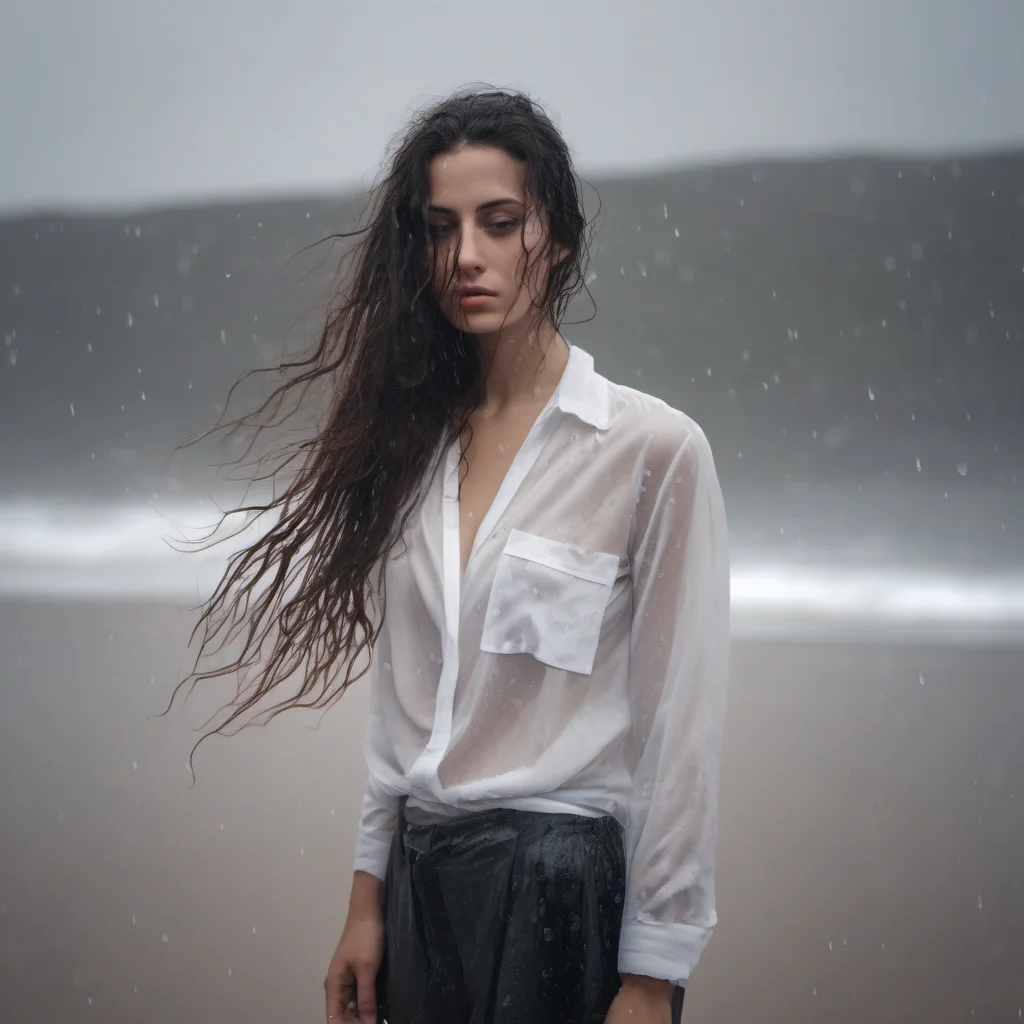 aisensual portrait of a lonely young italian woman in a thin transparent white shirt at a wet and rainy beach confident engaging wow artstation art 3