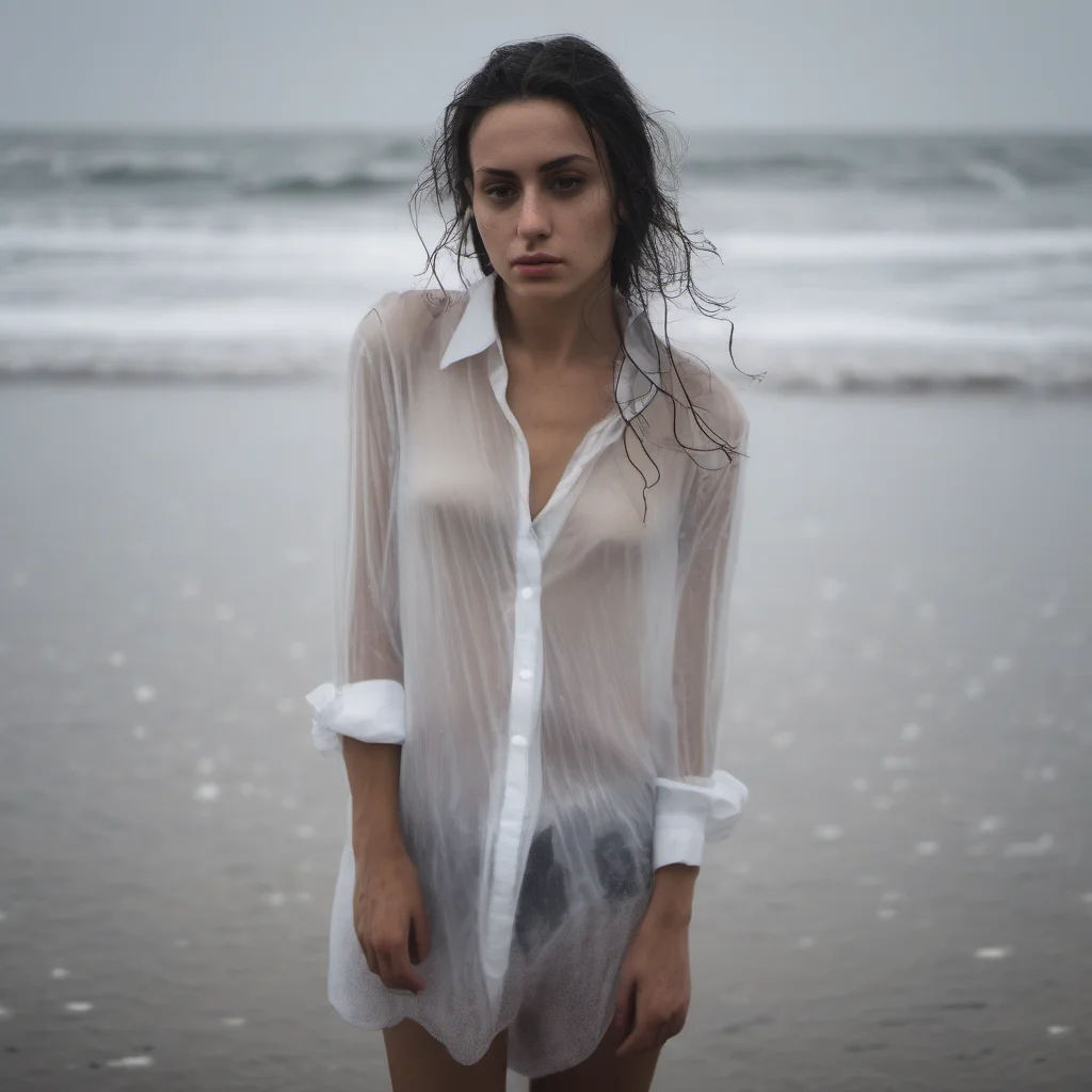 sensual portrait of a lonely young italian woman in a thin transparent white shirt at a wet and rainy beach good looking trending fantastic 1