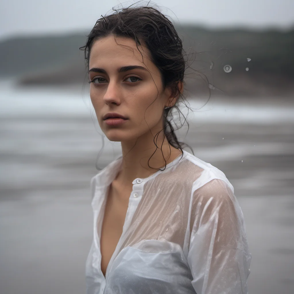 aisensual portrait of a lonely young italian woman in a thin transparent white shirt at a wet and rainy beach