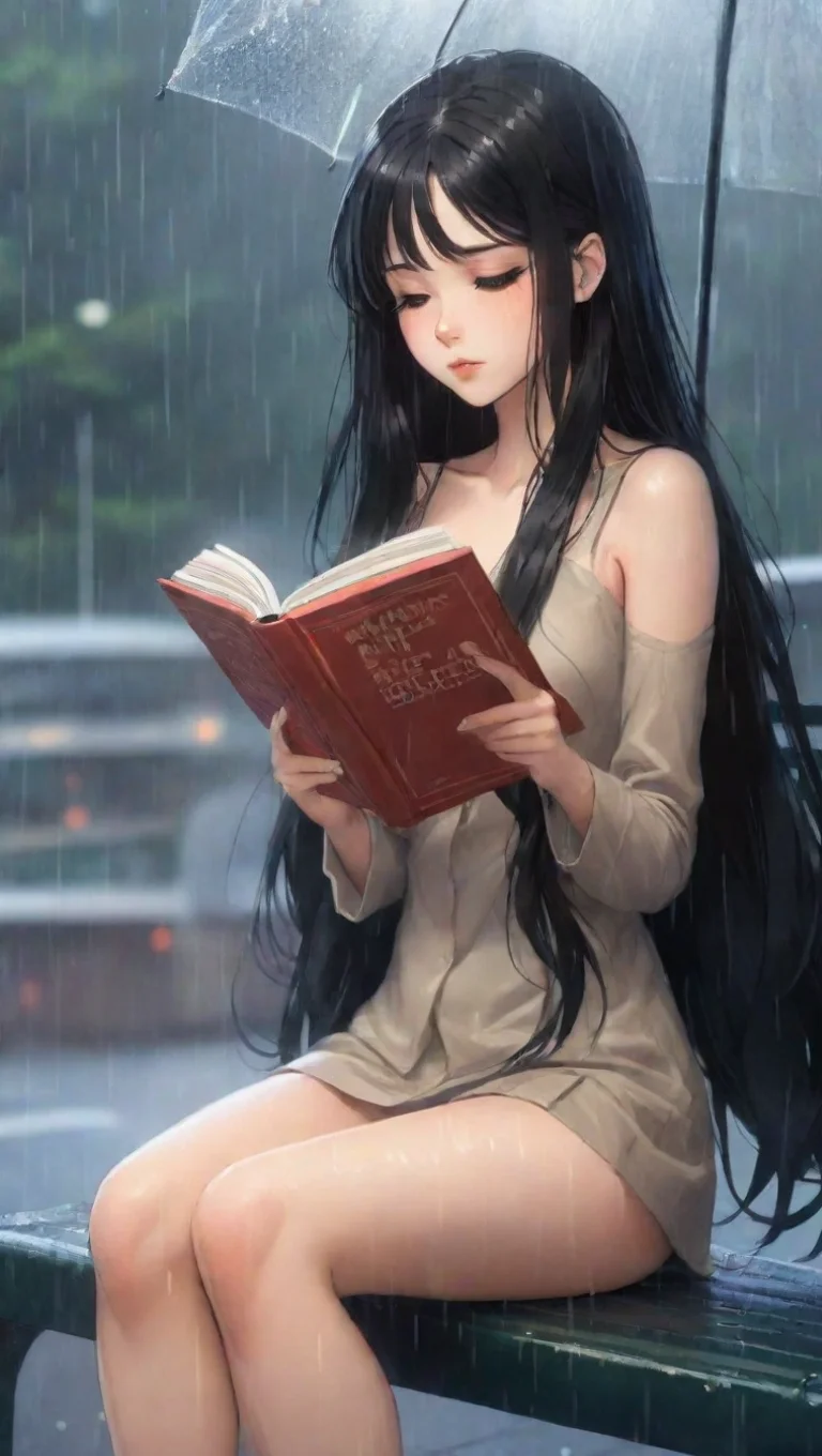 sexy anime cartoon woman with long black hair. she is reading a book in the rain at a bus stop tall