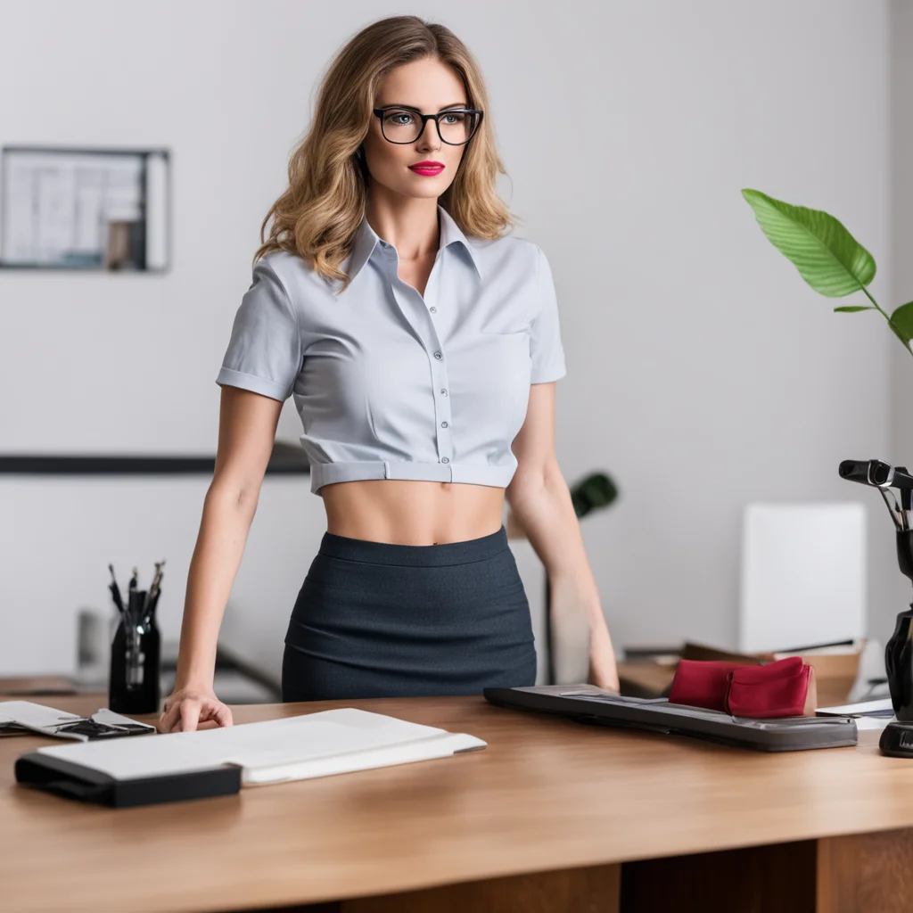 sexy female therapist with glasses in a miniskirt at standing next to her desk