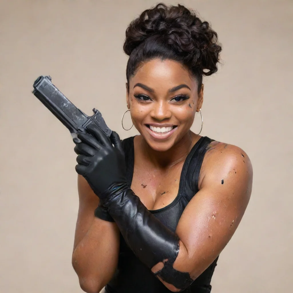 shalita grant smiling with black gloves and gun and mayonnaise splattered everywhere